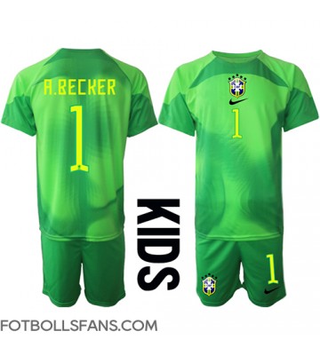 Brasilien Alisson Becker #1 Målvakt Replika Bortatröja Barn VM 2022 Kortärmad (+ Korta byxor)